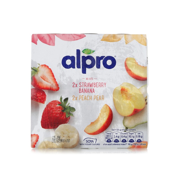 Alpro strawberry banana and peach pear soya yogurts 4x125g