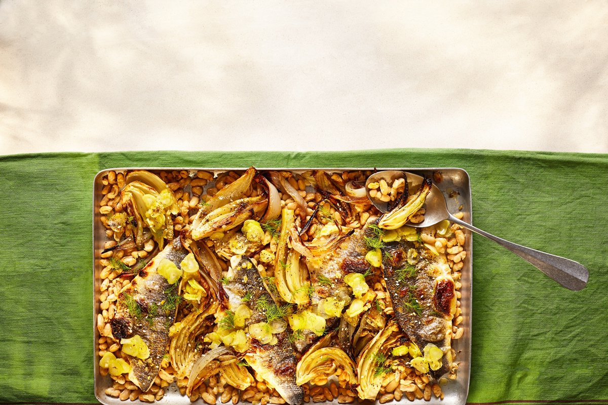 Sea bass, fennel & cannellini bean traybake