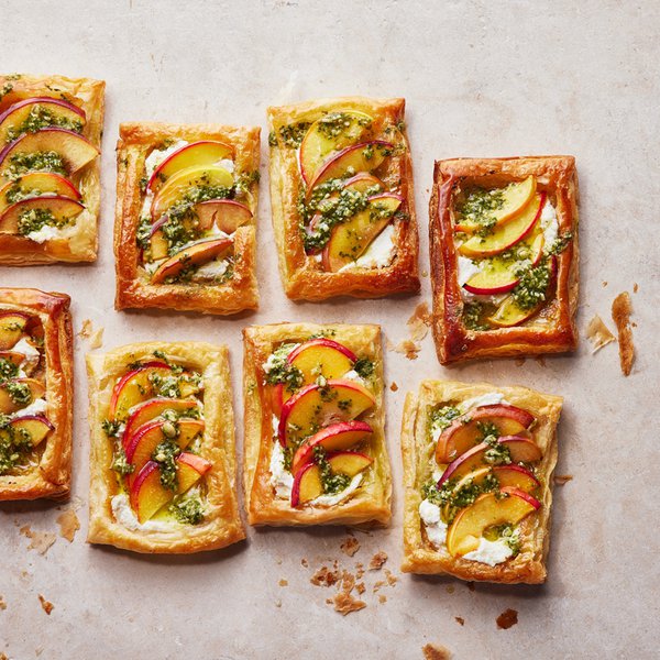 Nectarine, ricotta &amp; pesto tarts
