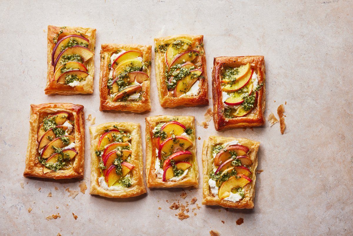 Nectarine, ricotta & pesto tarts
