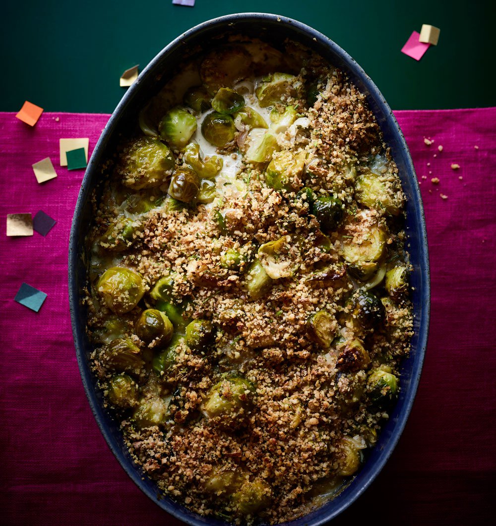 Brussels sprout, blue cheese and walnut gratin