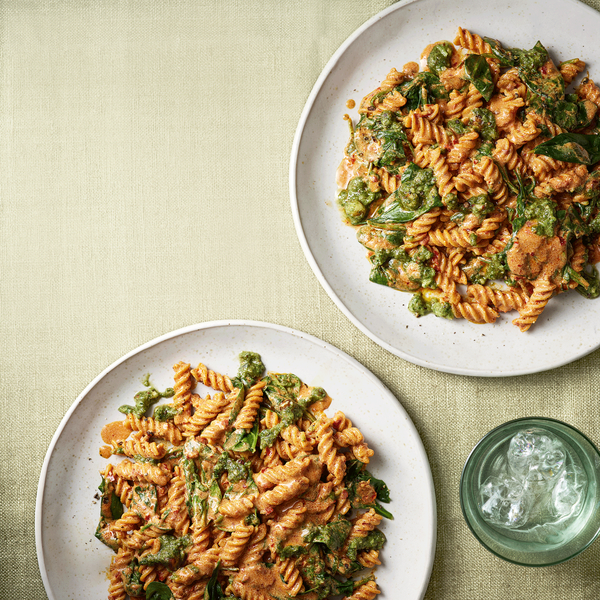 Harissa pasta &amp; mixed nut pesto