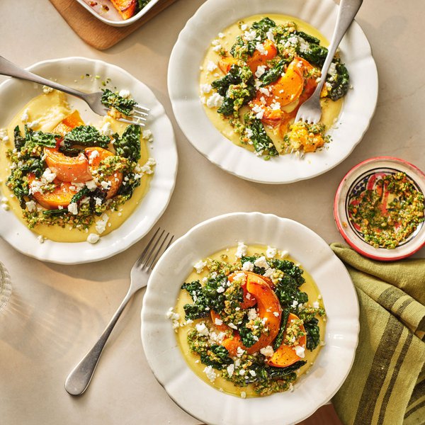 Polenta with roasted squash &amp; hazelnut green sauce