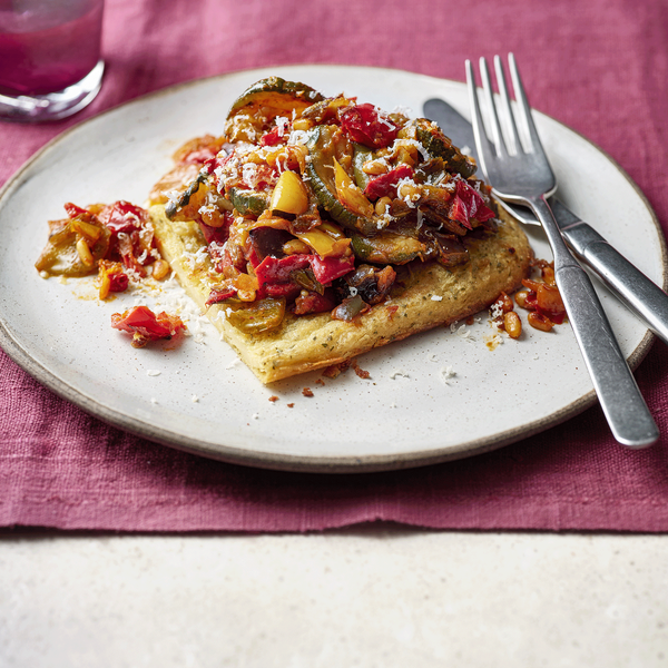 Herby farinata with roasted caponata