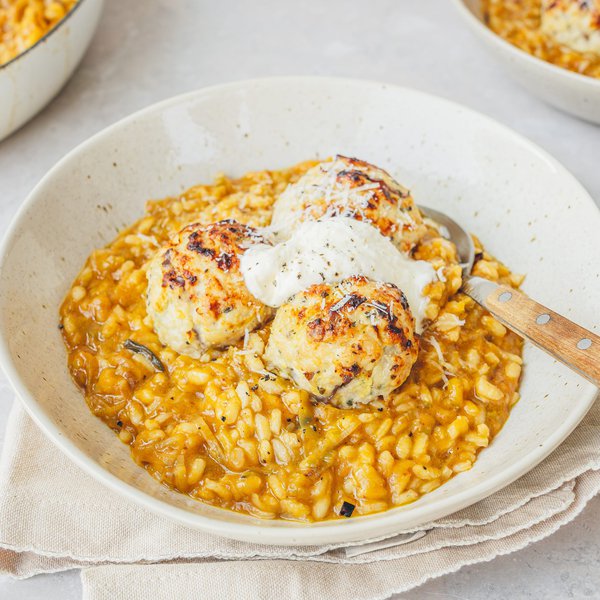 Chicken, apple and sage meatballs with pumpkin leek risotto