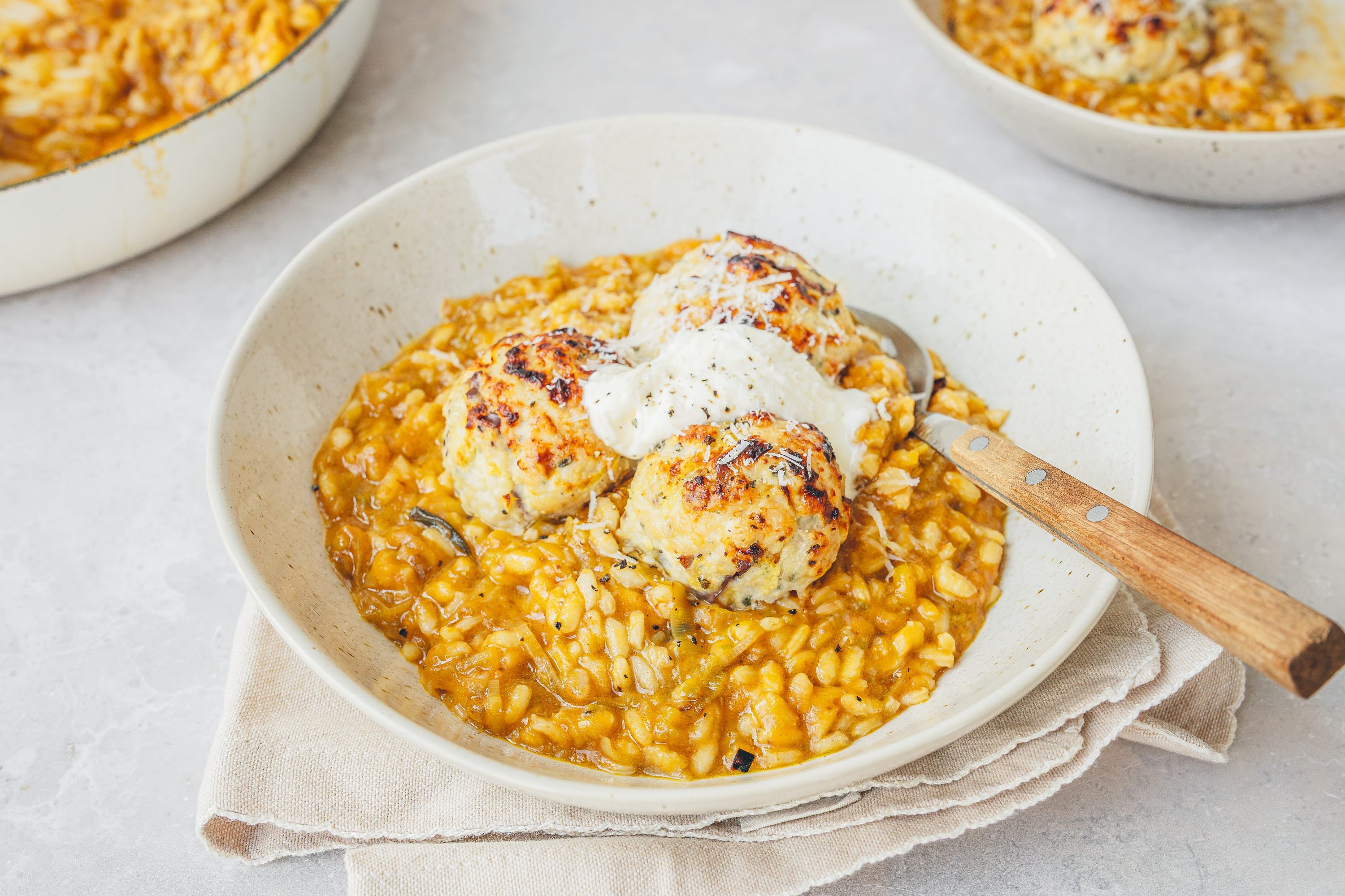 Chicken, apple and sage meatballs with pumpkin leek risotto