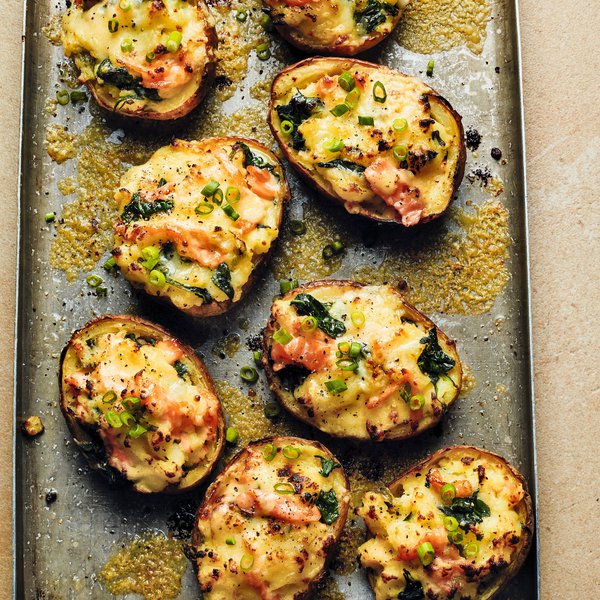 Loaded potato skins with Cheddar, spinach &amp; smoked salmon