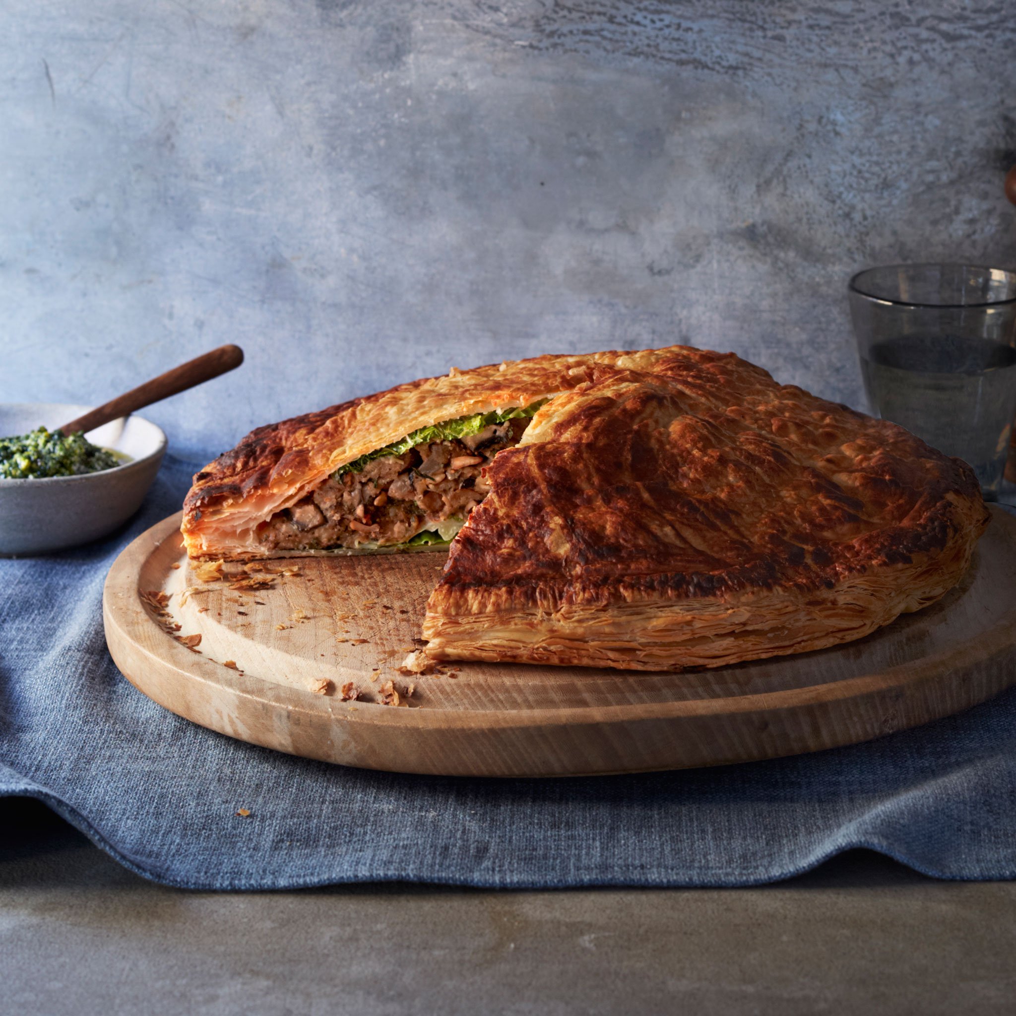 Nutty pithivier with watercress & pistachio pesto