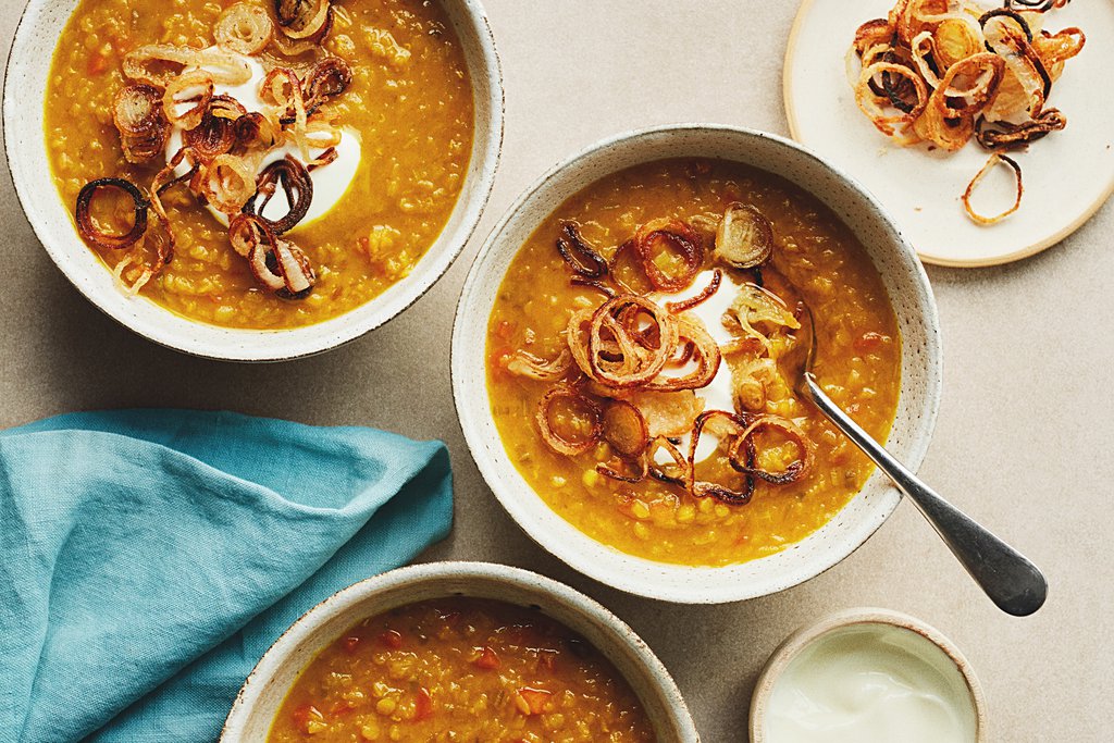 Red lentil soup with crispy shallots recipe - Waitrose UAE & Partners