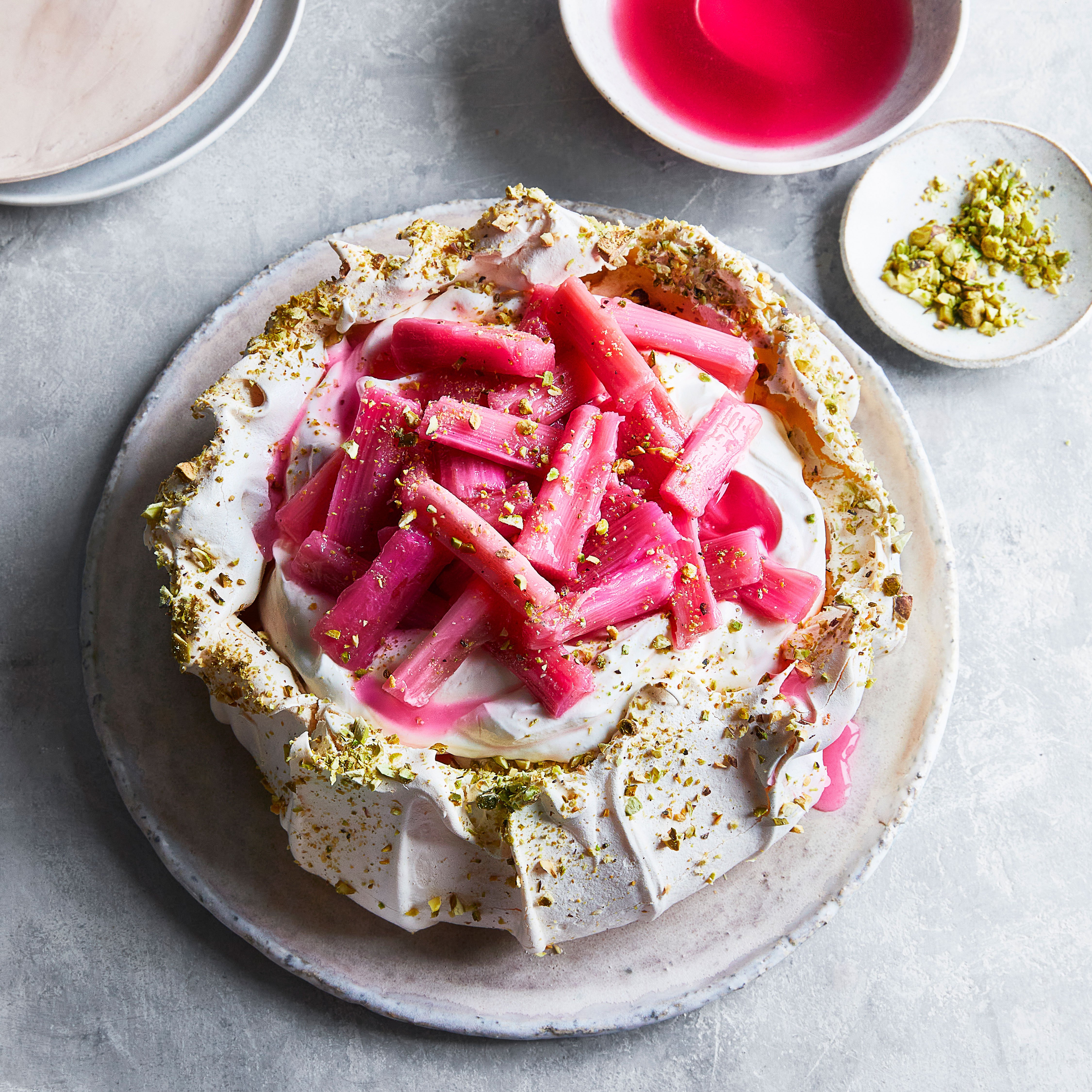 Rhubarb, rose & pistachio pavlova