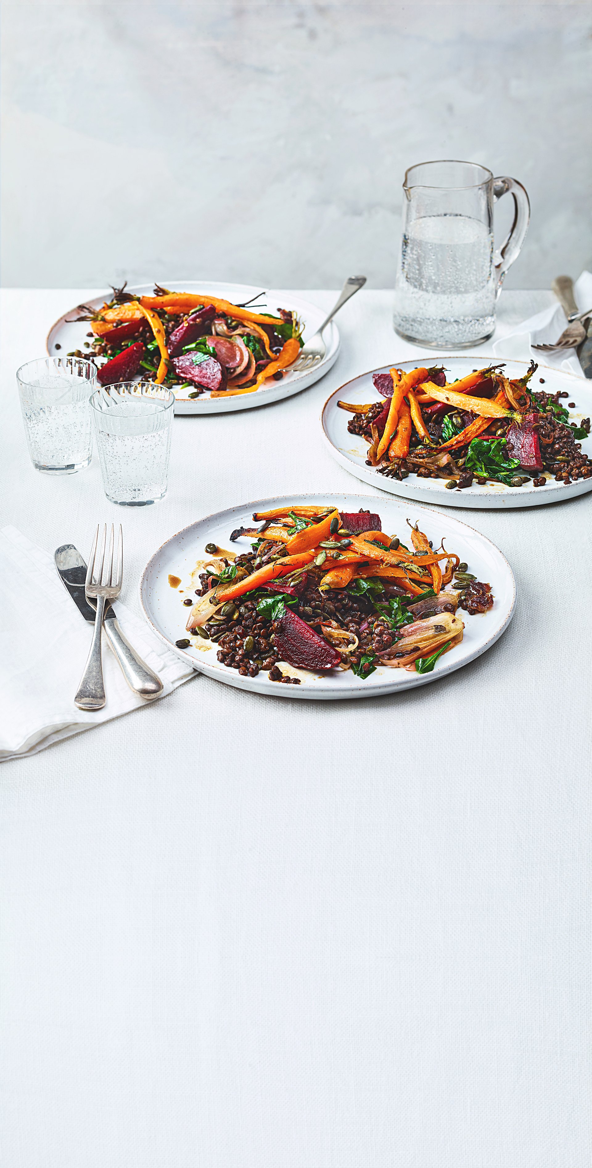 Roasted squash and lentils with green goddess avocado sauce