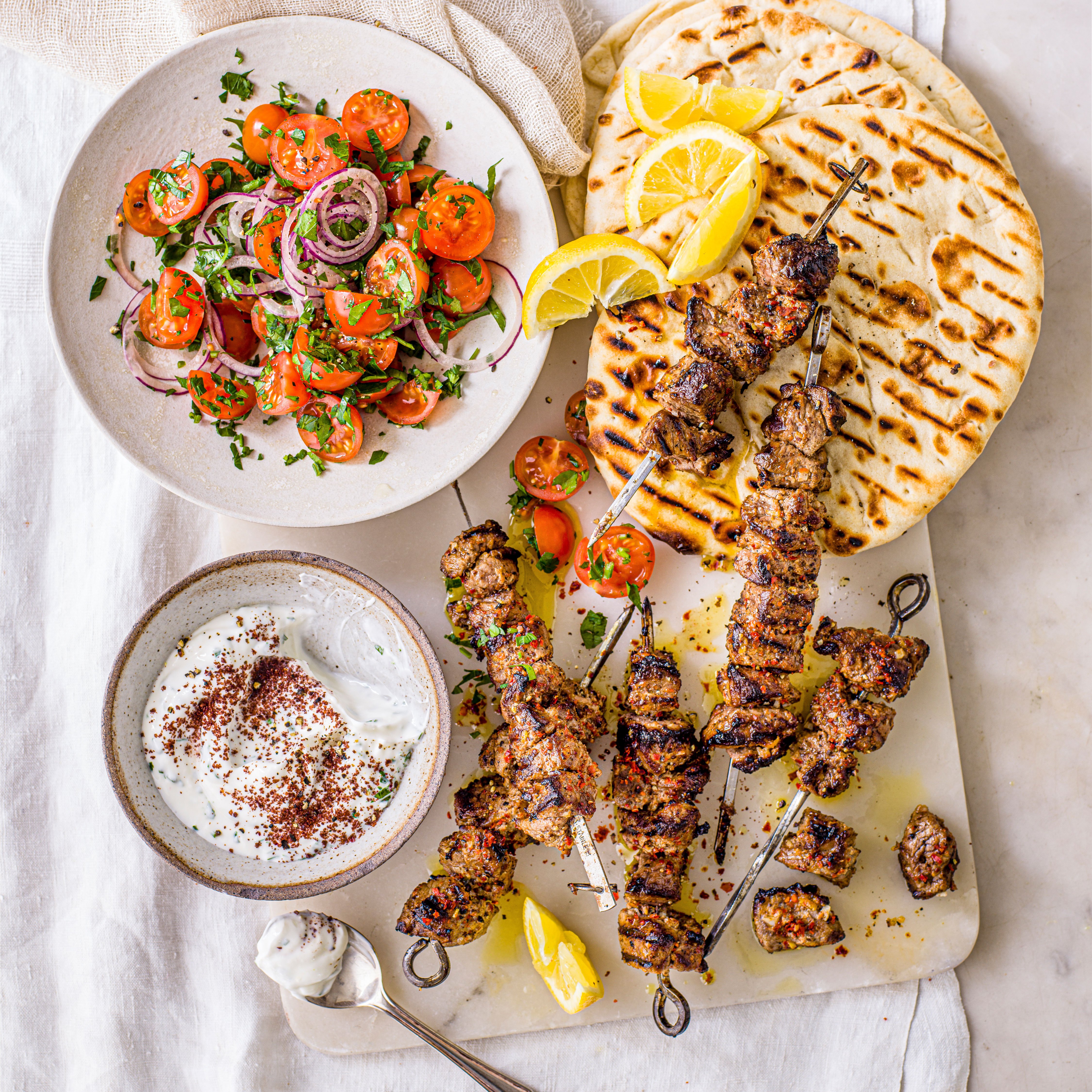 Yogurt-marinated lamb skewers