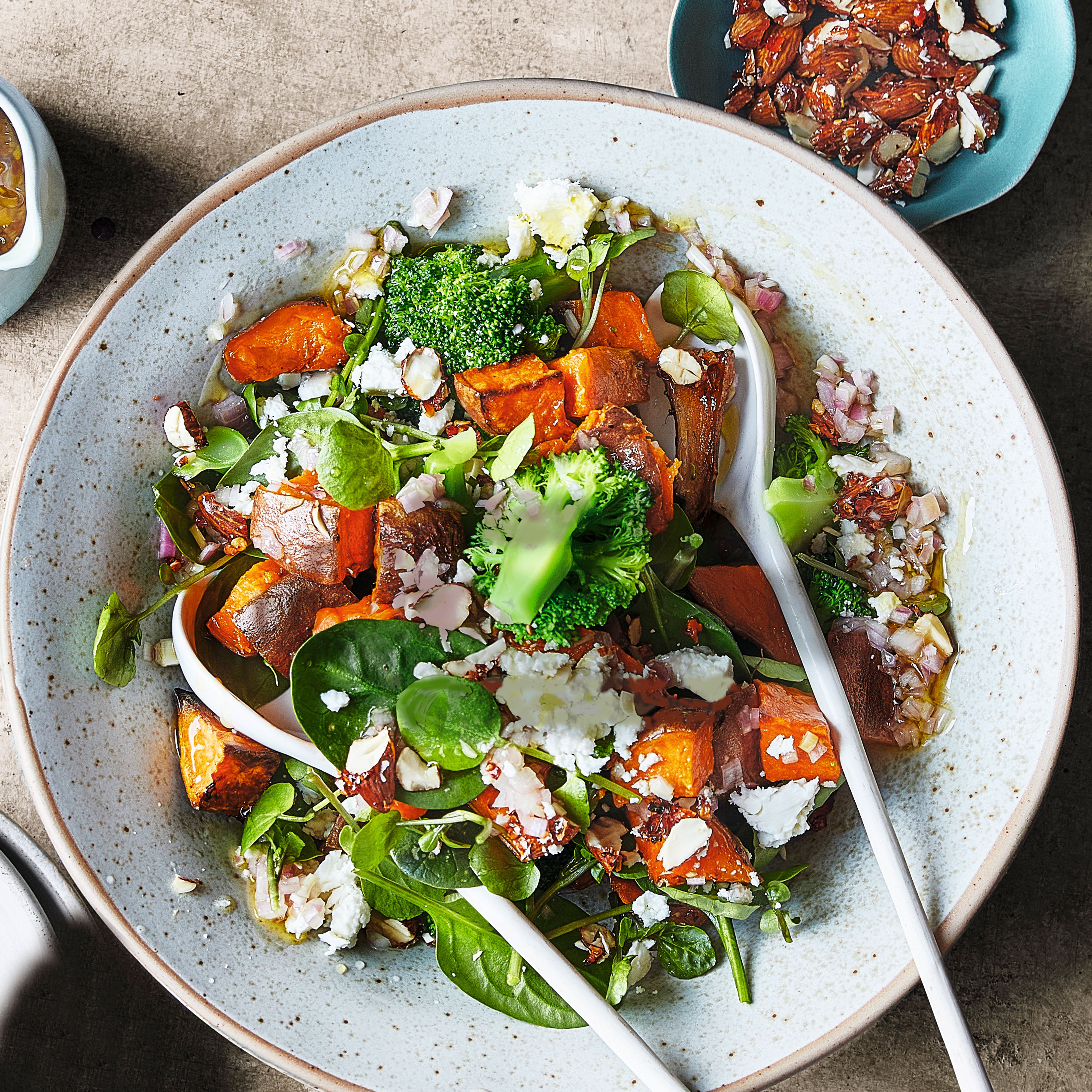 Broccoli, roast sweet potato & spicy almond salad