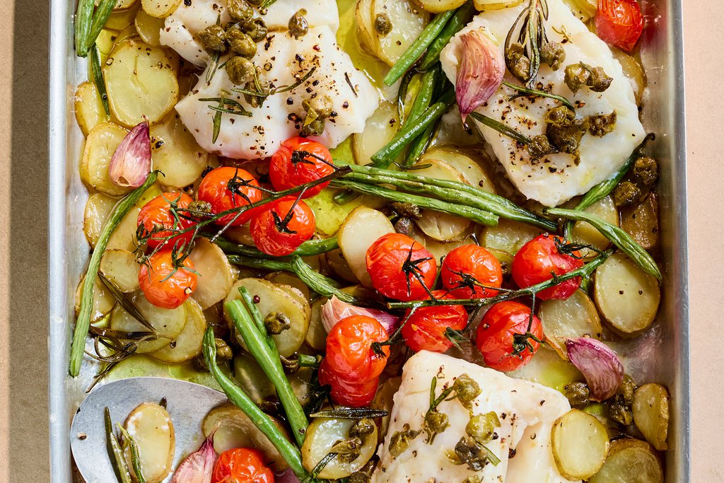 Cod & green bean traybake with crispy capers recipe Waitrose UAE