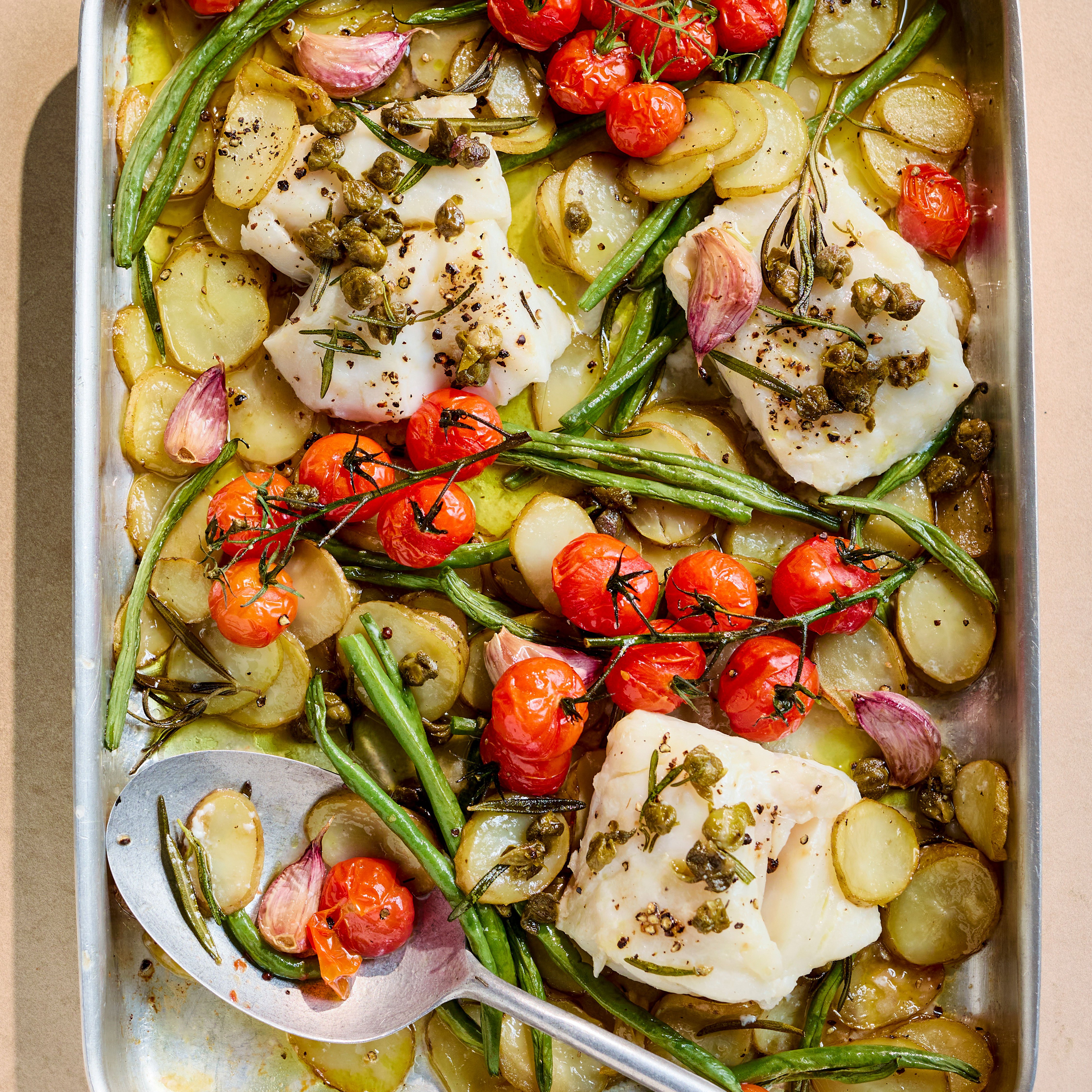 Cod & green bean traybake with crispy capers