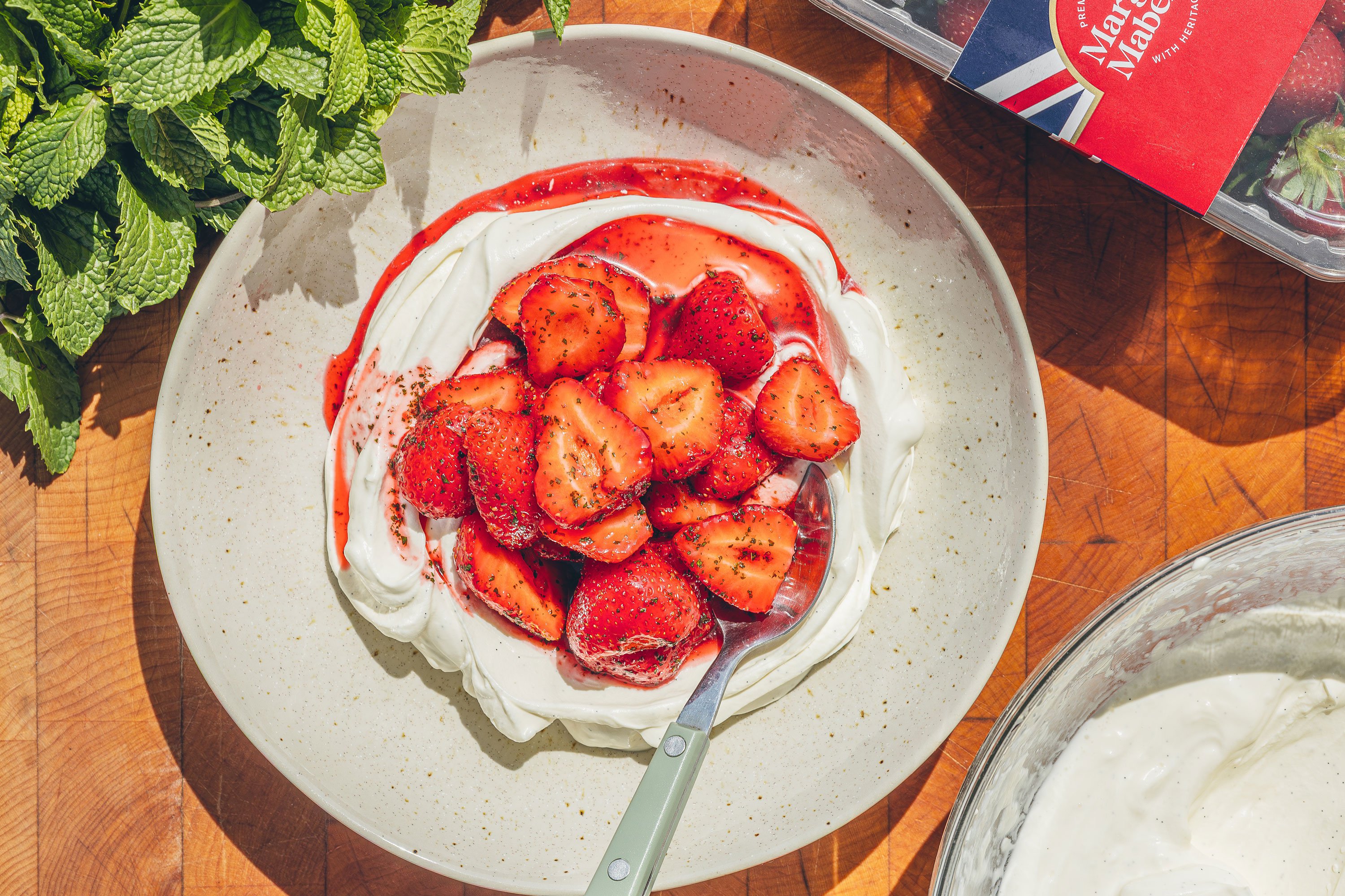 Macerated mint strawberries with vanilla cream