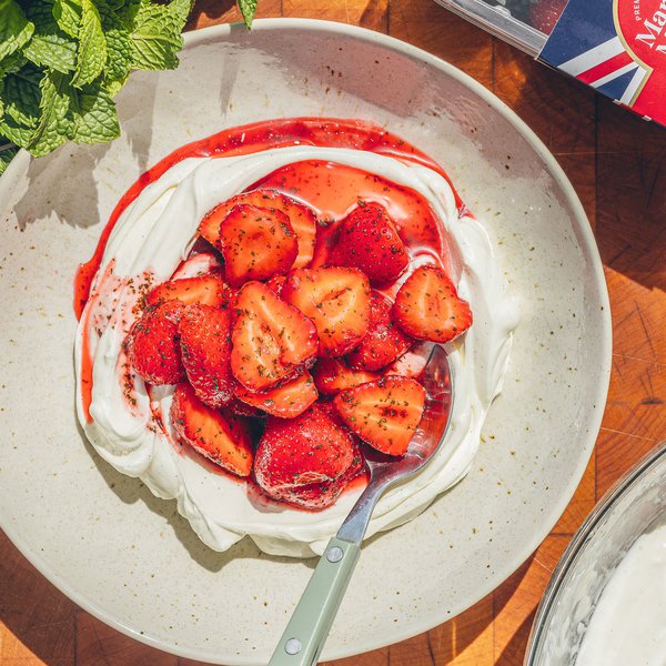 Macerated mint strawberries with vanilla cream
