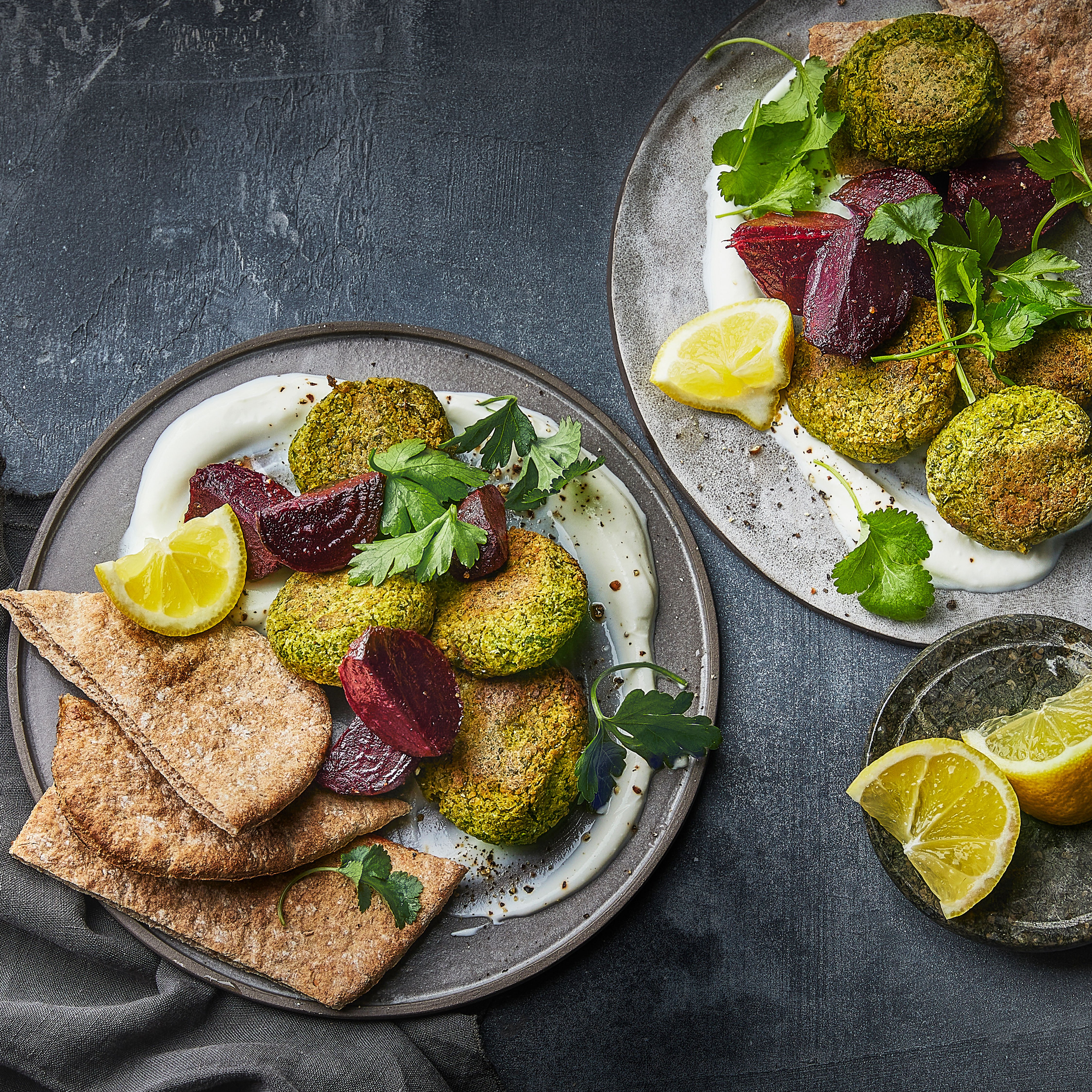 Green falafel with yogurt & roasted beets