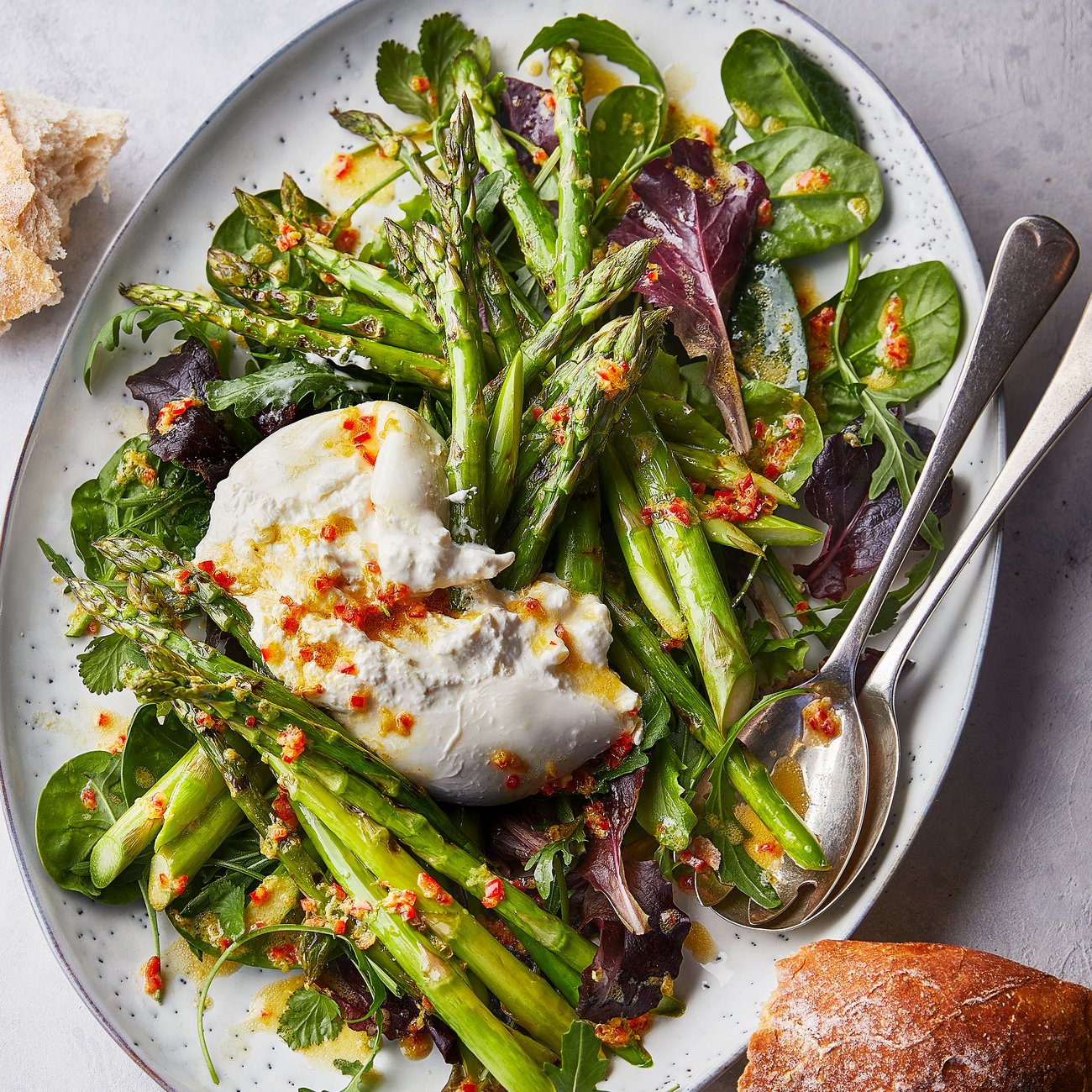 Grilled asparagus with burrata, lemon & chilli