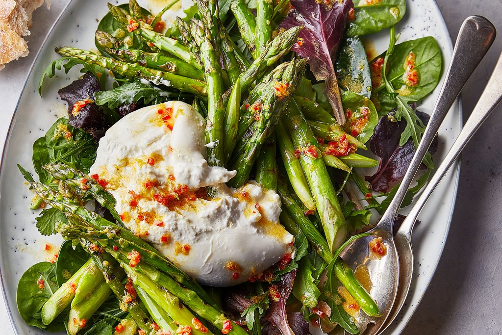 Grilled asparagus with burrata, lemon & chilli recipe Waitrose UAE