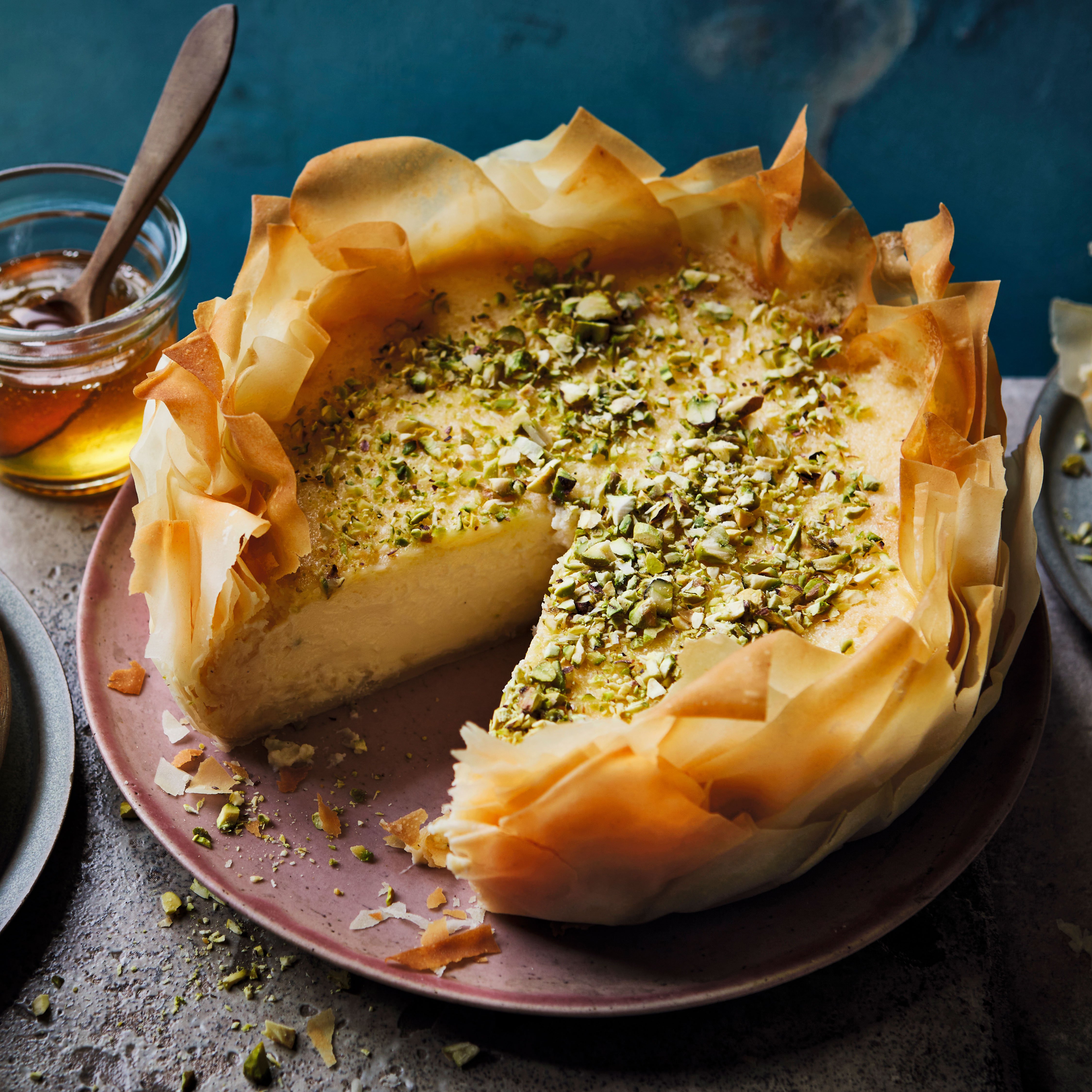 Honey & pistachio filo cheesecake