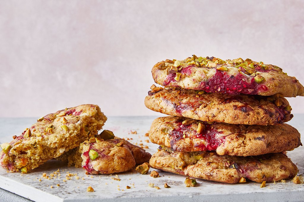 Raspberry, White Chocolate & Pistachio Cookies Recipe - Waitrose UAE ...