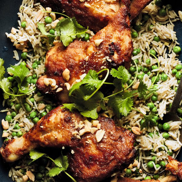 Satay chicken legs with coconut rice