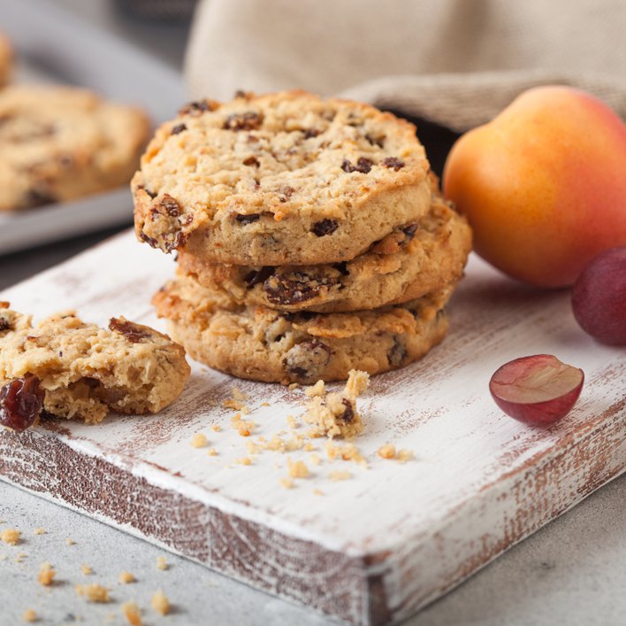 Raisins baked inside cookies add sweetness and texture.