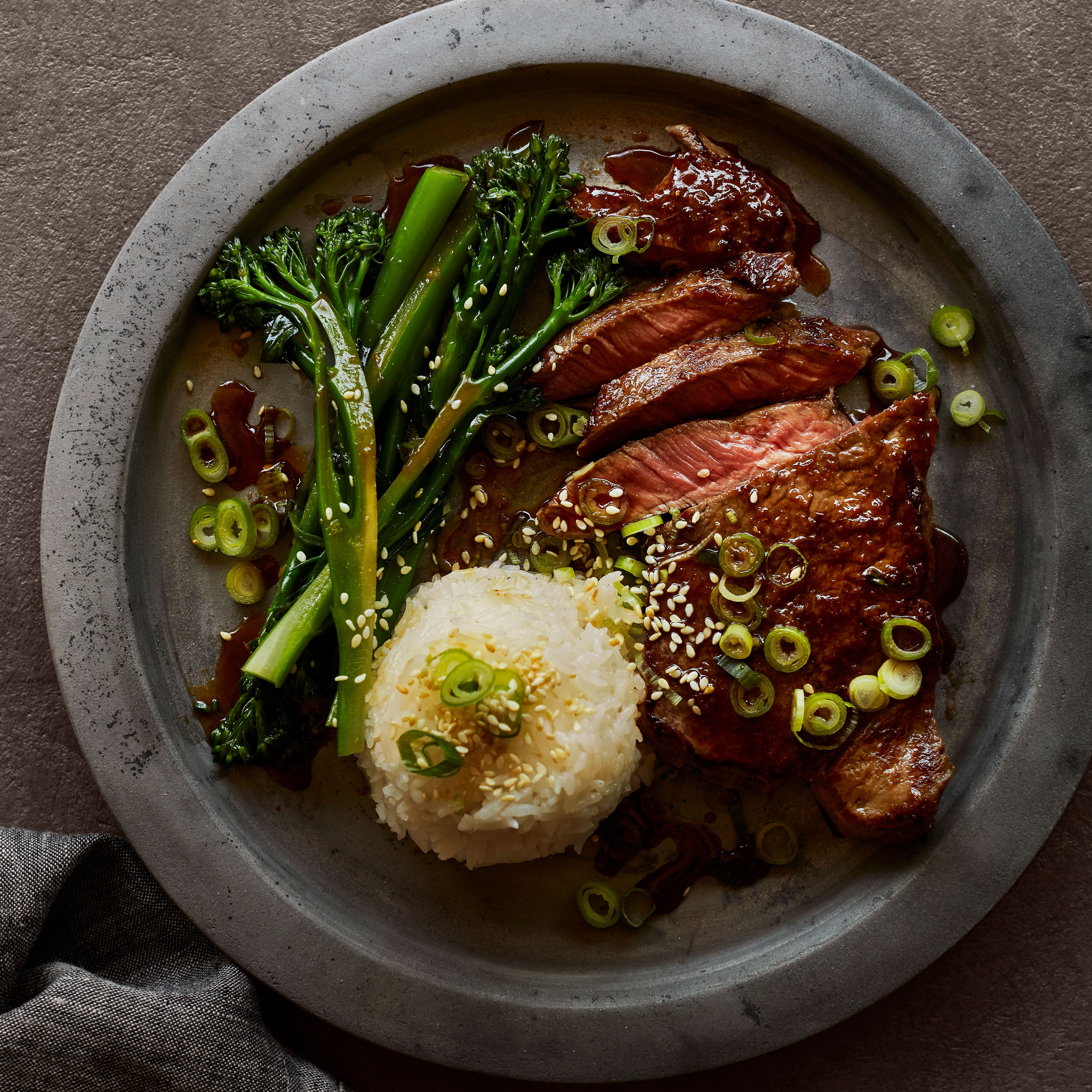 Soy-ginger beef steaks with broccoli