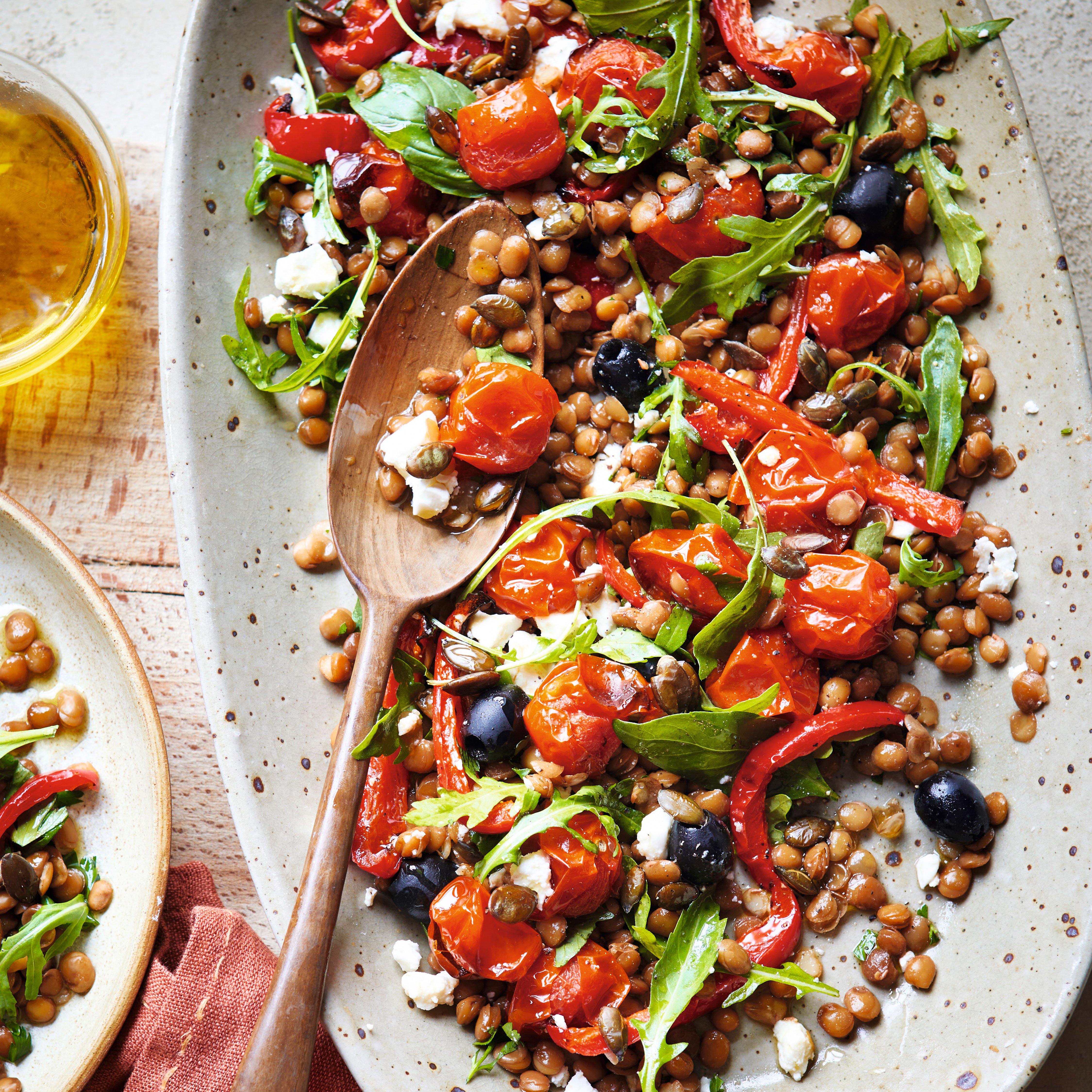 Warm lentil salad with roast cherry tomatoes & red pepper